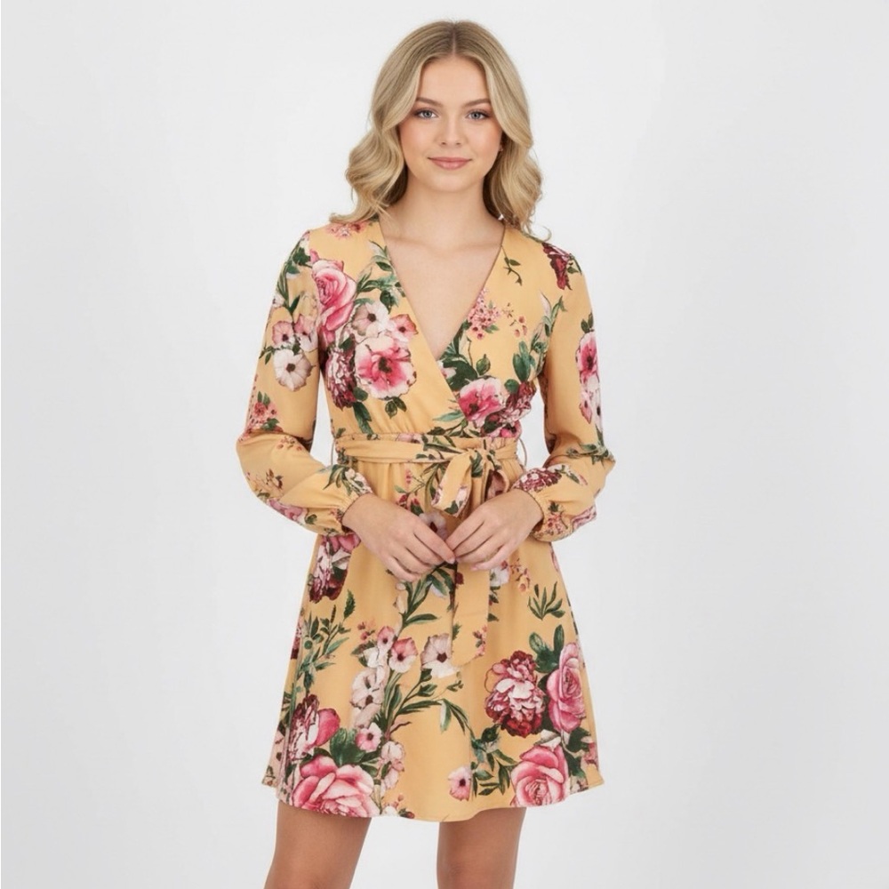Intu Mustard & Floral Rose Belted Dress NWT